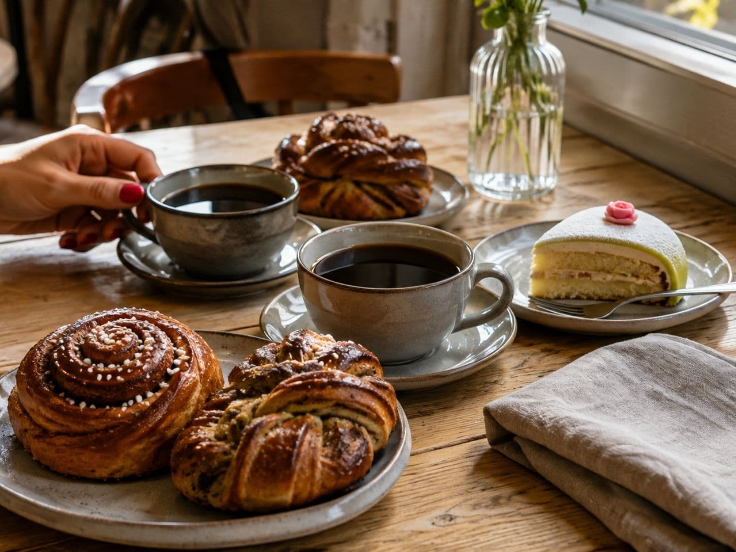 A relaxed Swedish fika with coffee and fresh pastries